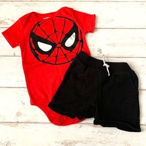 Boys 24m Spiderman Outfit Red Onesie Bodysuit Black Shorts Set Marvel Comics